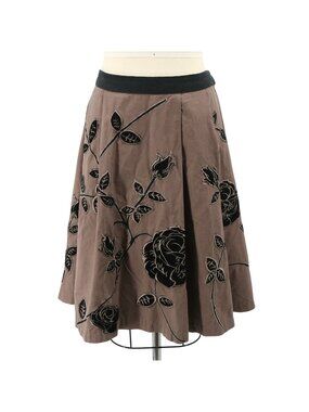 Anthropologie Odille Brown Rose Garden Floral Velvet Applique Pleated Skirt 8
